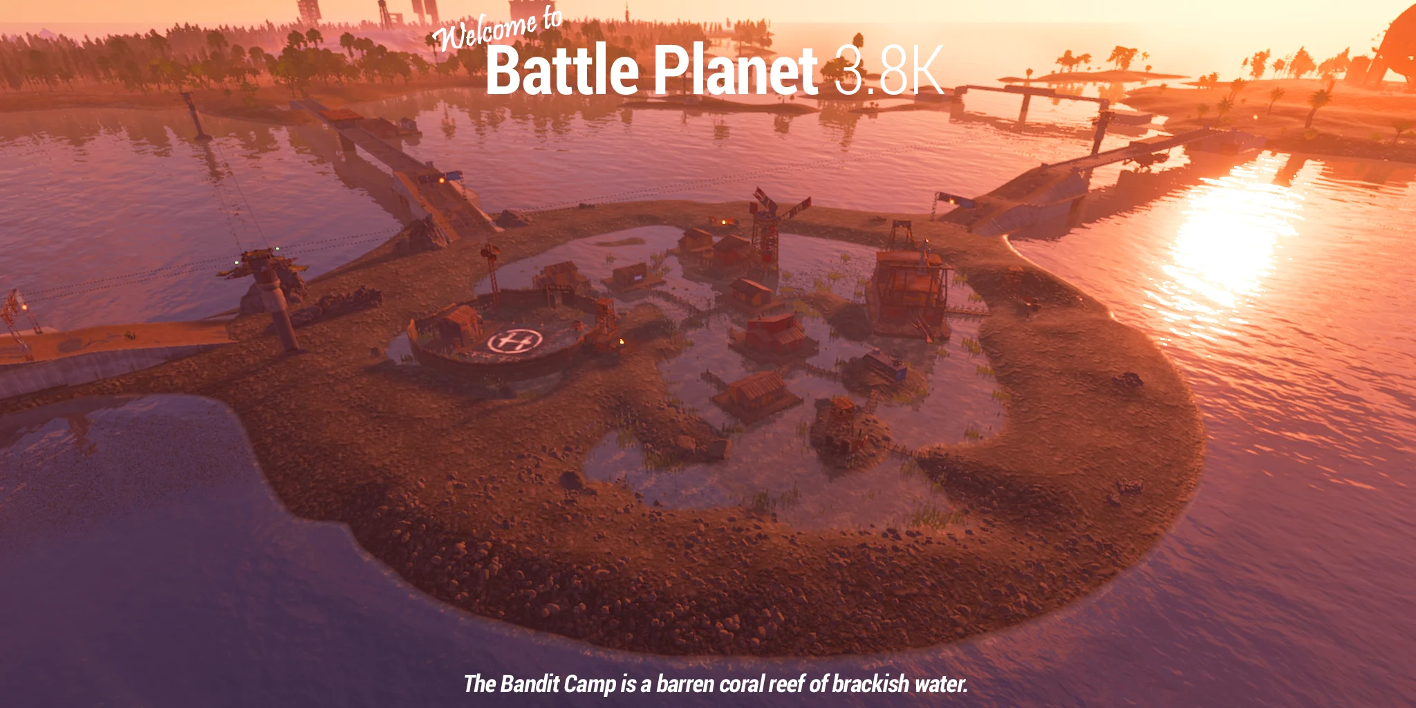 Bandit Camp surrounded by shallow water at sunset
