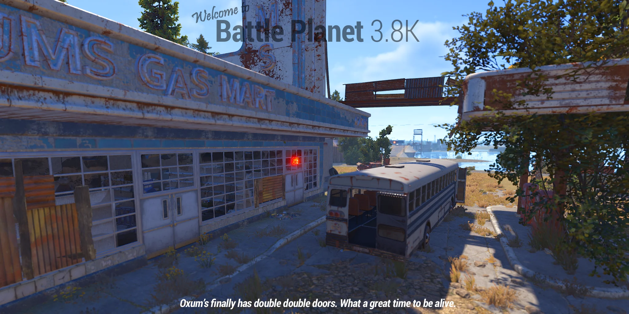 Oxum's Gas Station with a bus parked outside