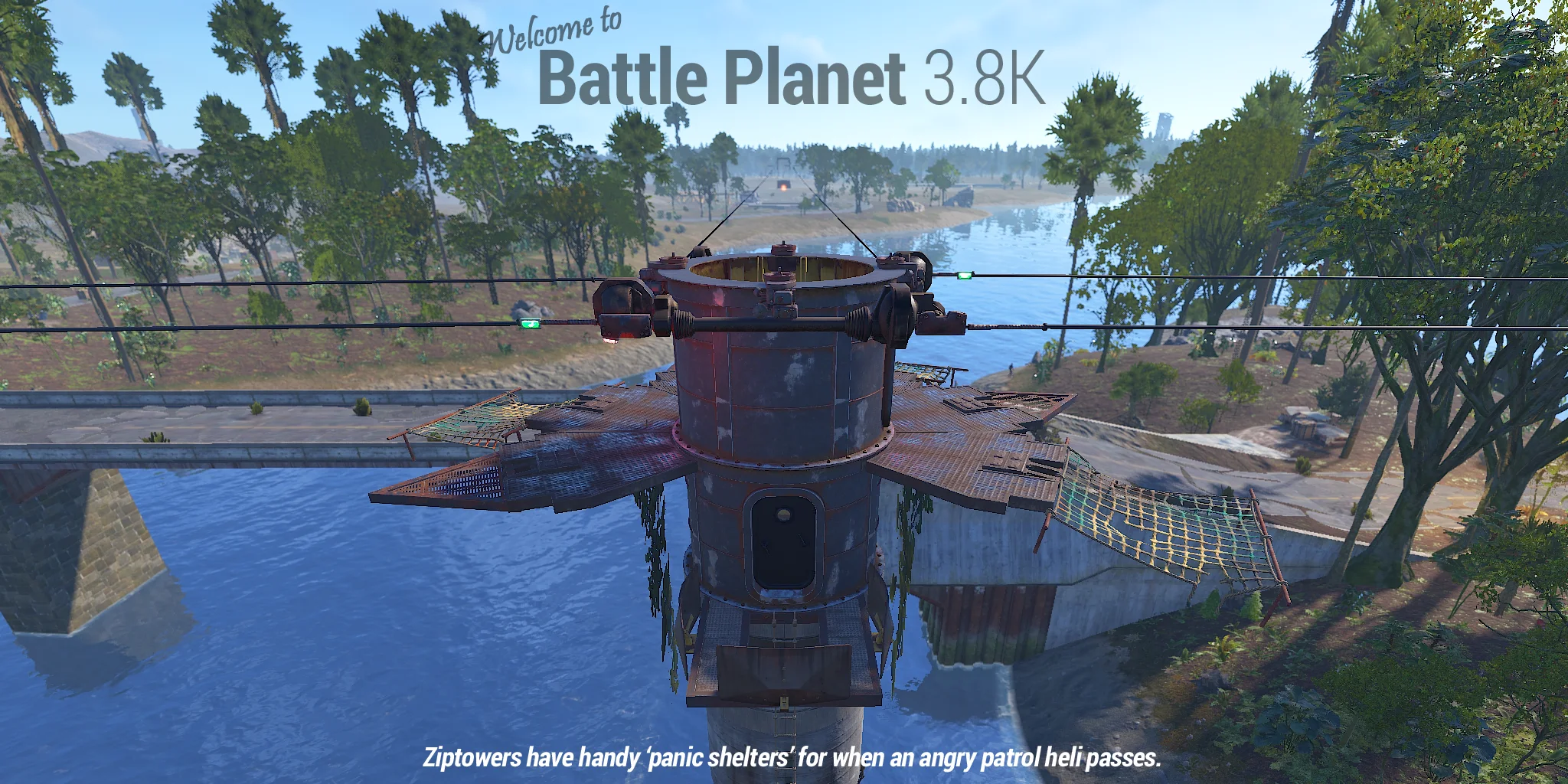 Global zip tower with a panic shelter