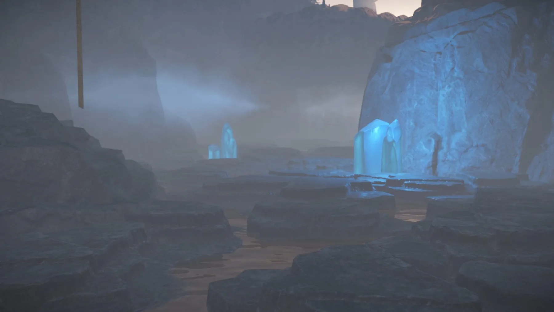 Glowing blue crystals in a misty cavern