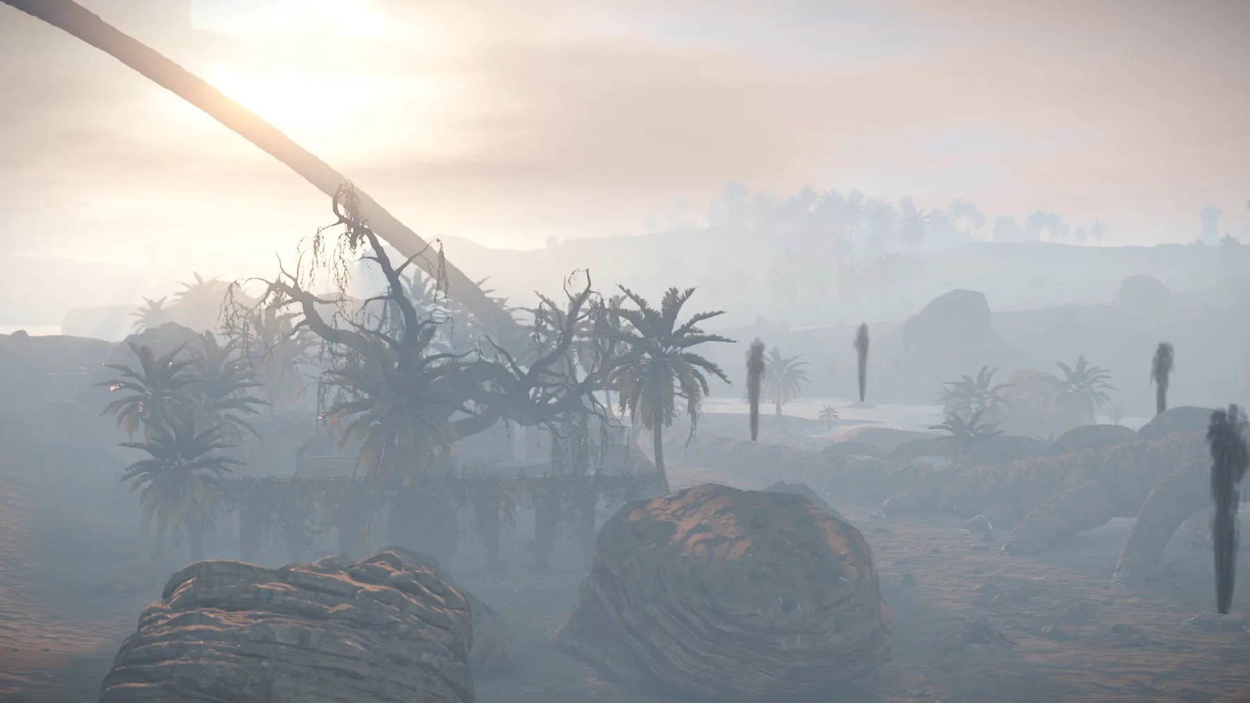 Long dragon skeleton across a misty bone field