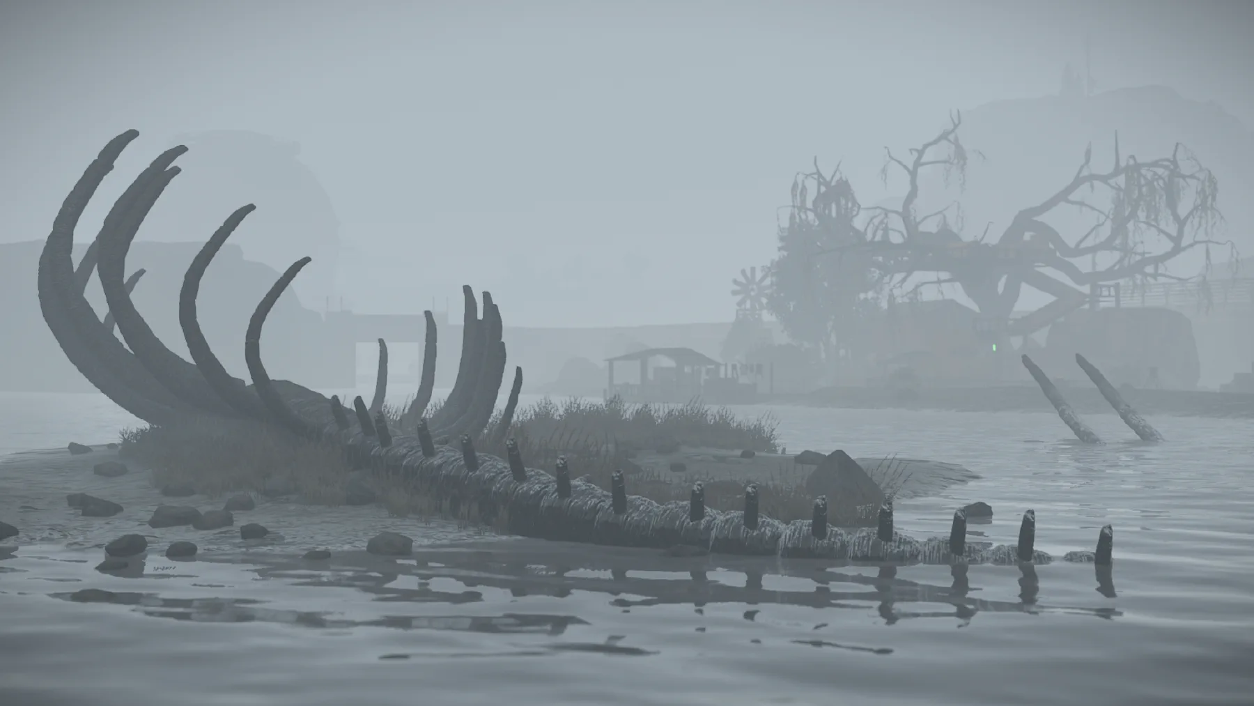 Long dragon skeleton in mist with settlement beyond