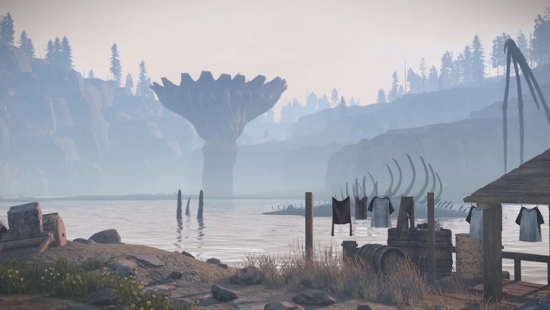 Dragon bones visible across the water from Dragon Hunter Village