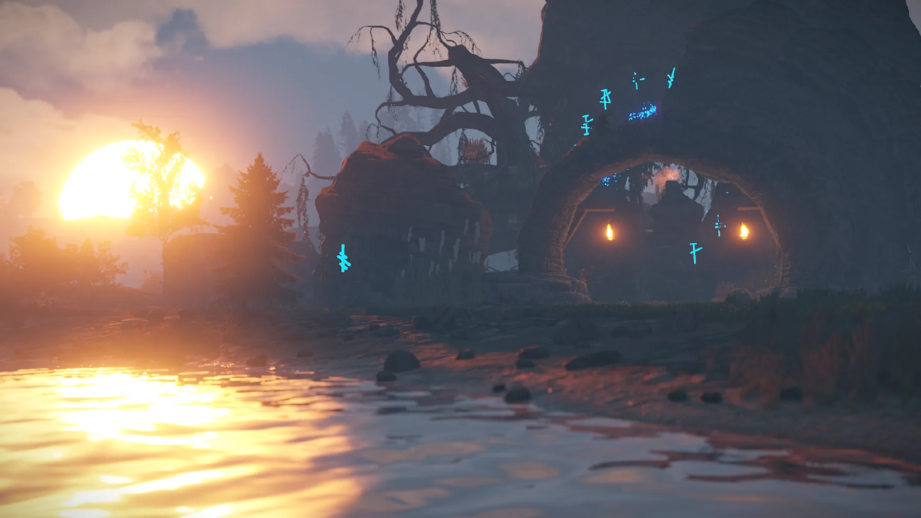 Ancient entrance marked with glowing blue runes